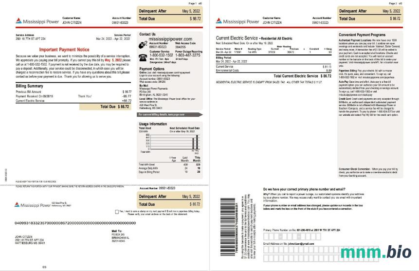 USA Mississippi Power rachunek za media, Word i PDF szablon, 2 strony